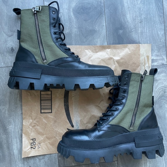 Moncler 10US/43 Military Green Konture Leather Cordura Combat Pocket Ankle Boots - Picture 5 of 11